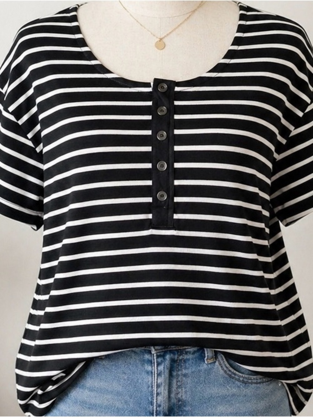 Ralph Lauren 2X Black White Stripe Henley Tee Plus Size